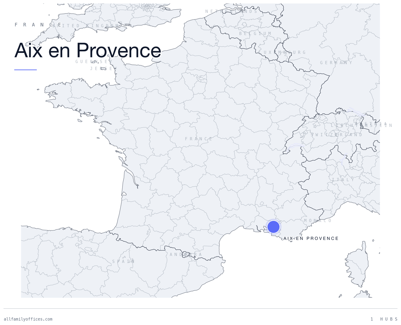 Map of France with Aix en Provence marked as a family office hub