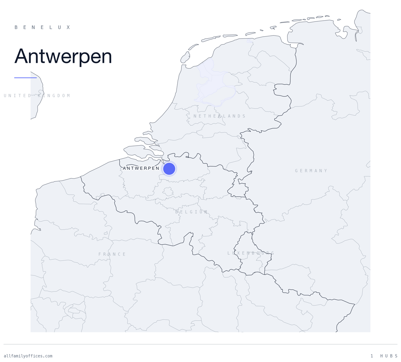 Map of Benelux with Antwerpen marked as a family office hub