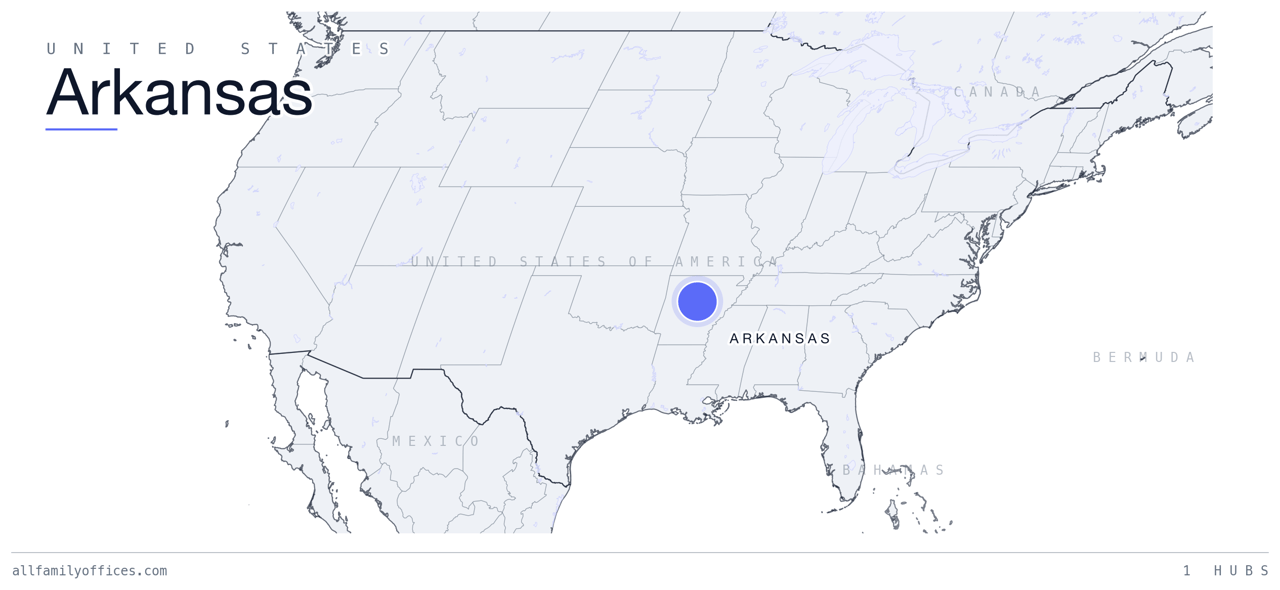 Map of the United States with Arkansas marked as a family office hub