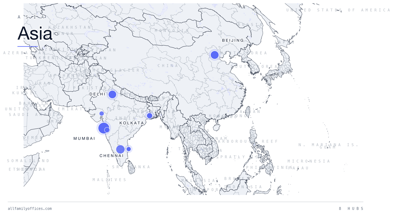 Map of Asia with its family office hubs marked
