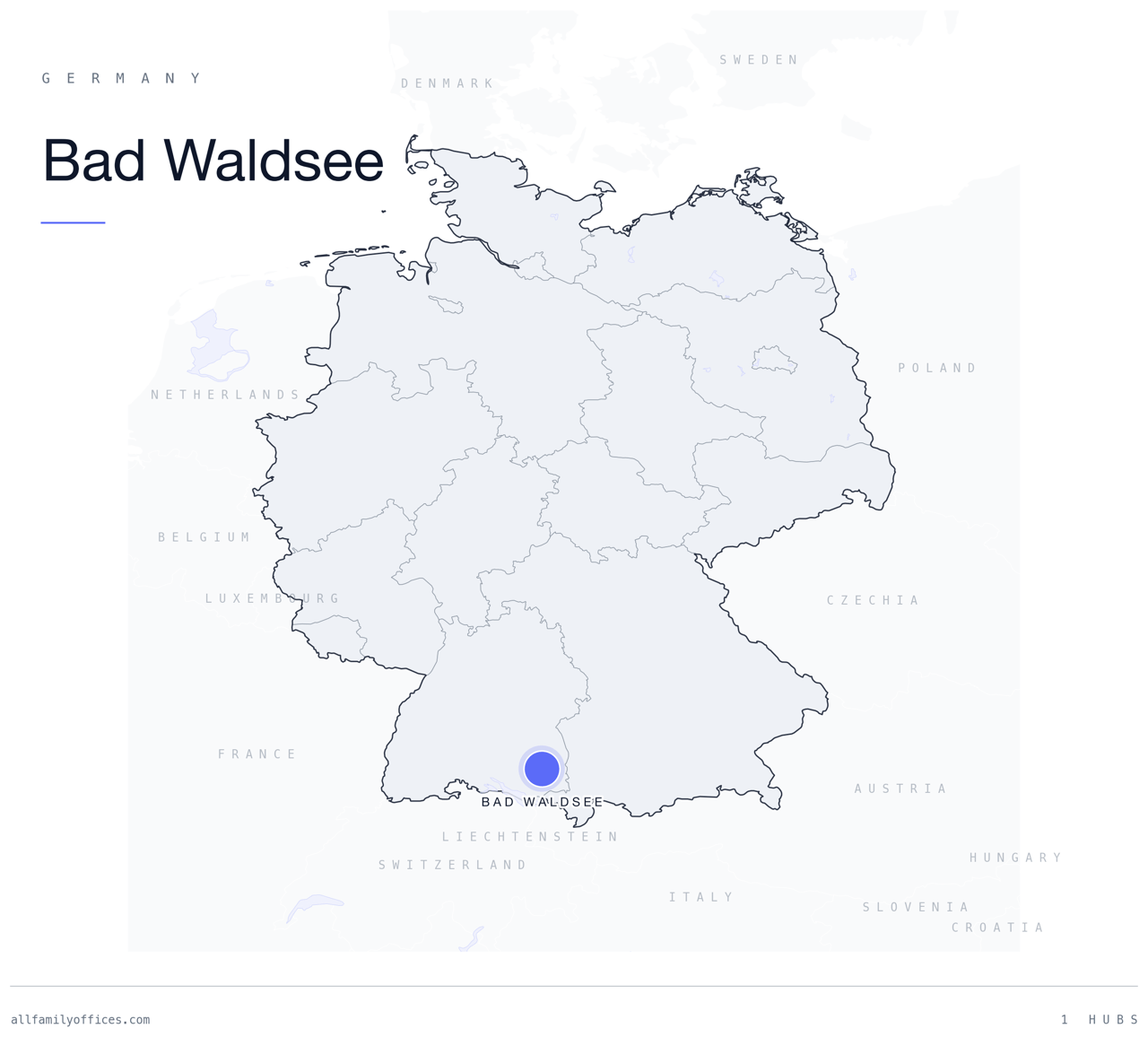 Map of Germany with Bad Waldsee marked as a family office hub