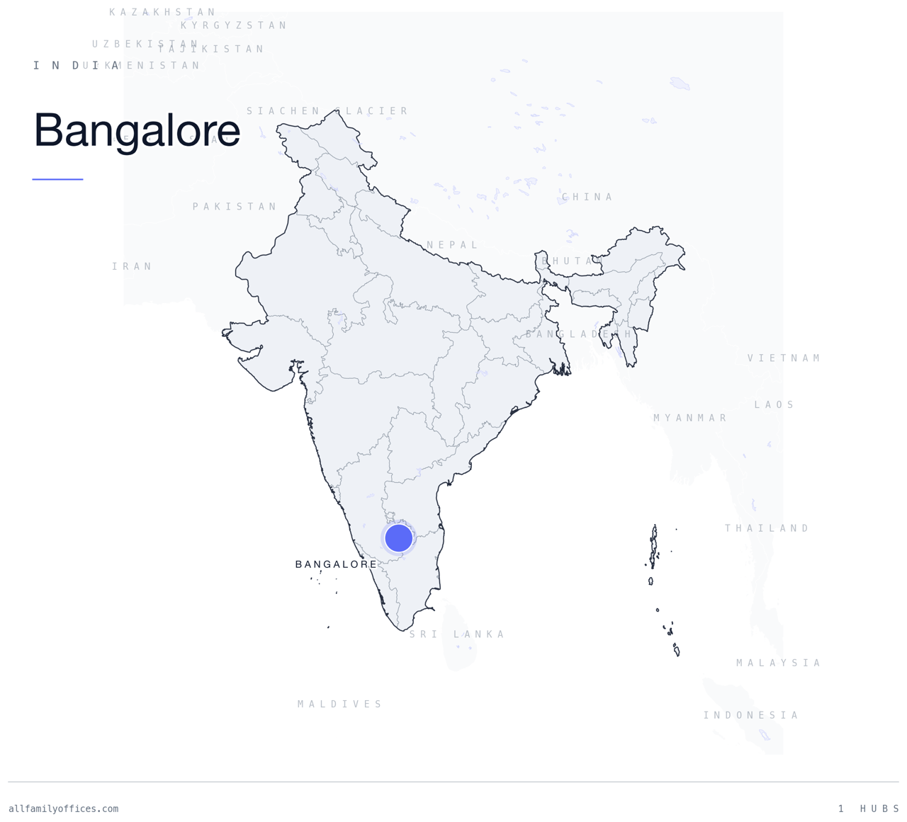 Map of India with Bangalore marked as a family office hub