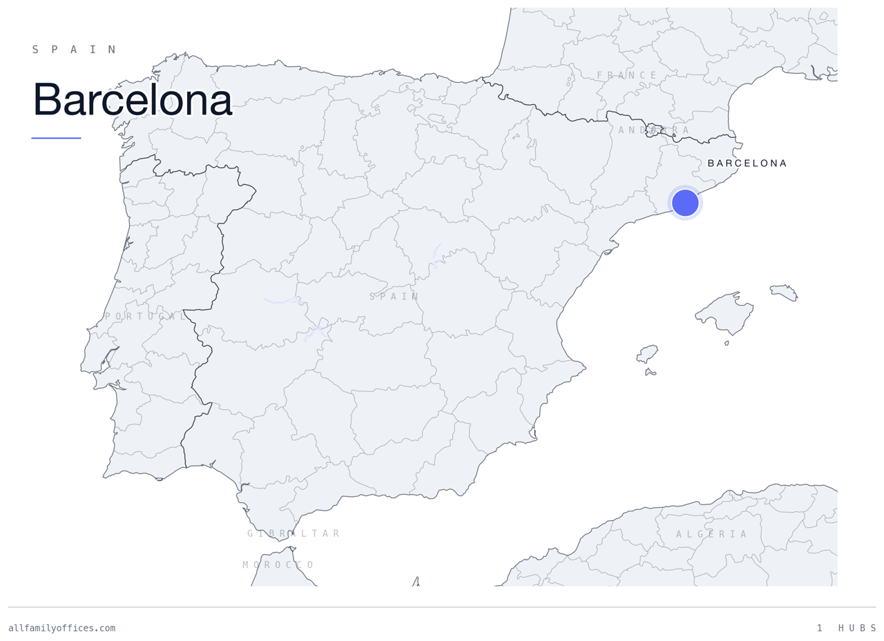 Map of Spain with Barcelona marked as a family office hub