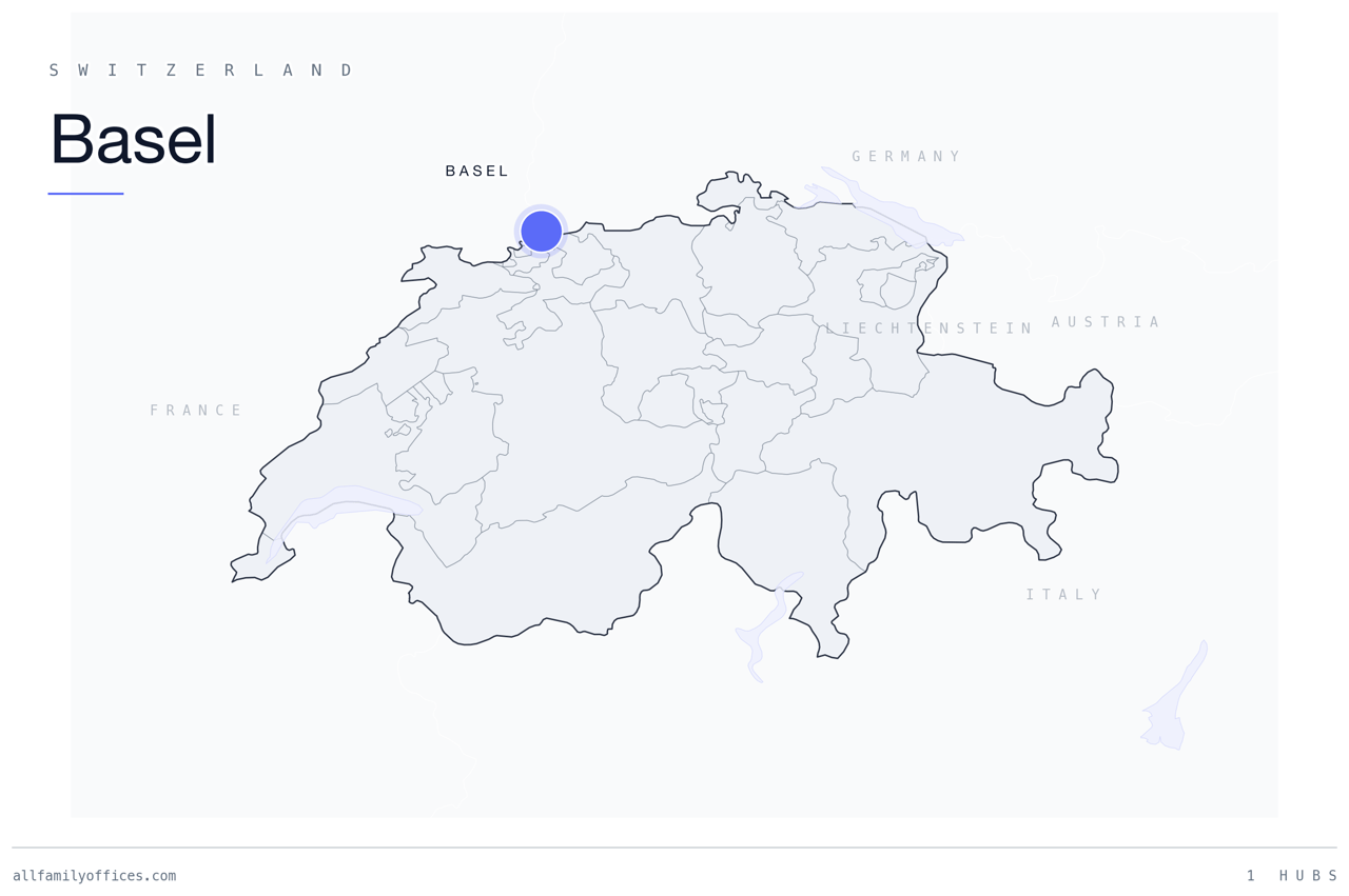 Map of Switzerland with Basel marked as a family office hub