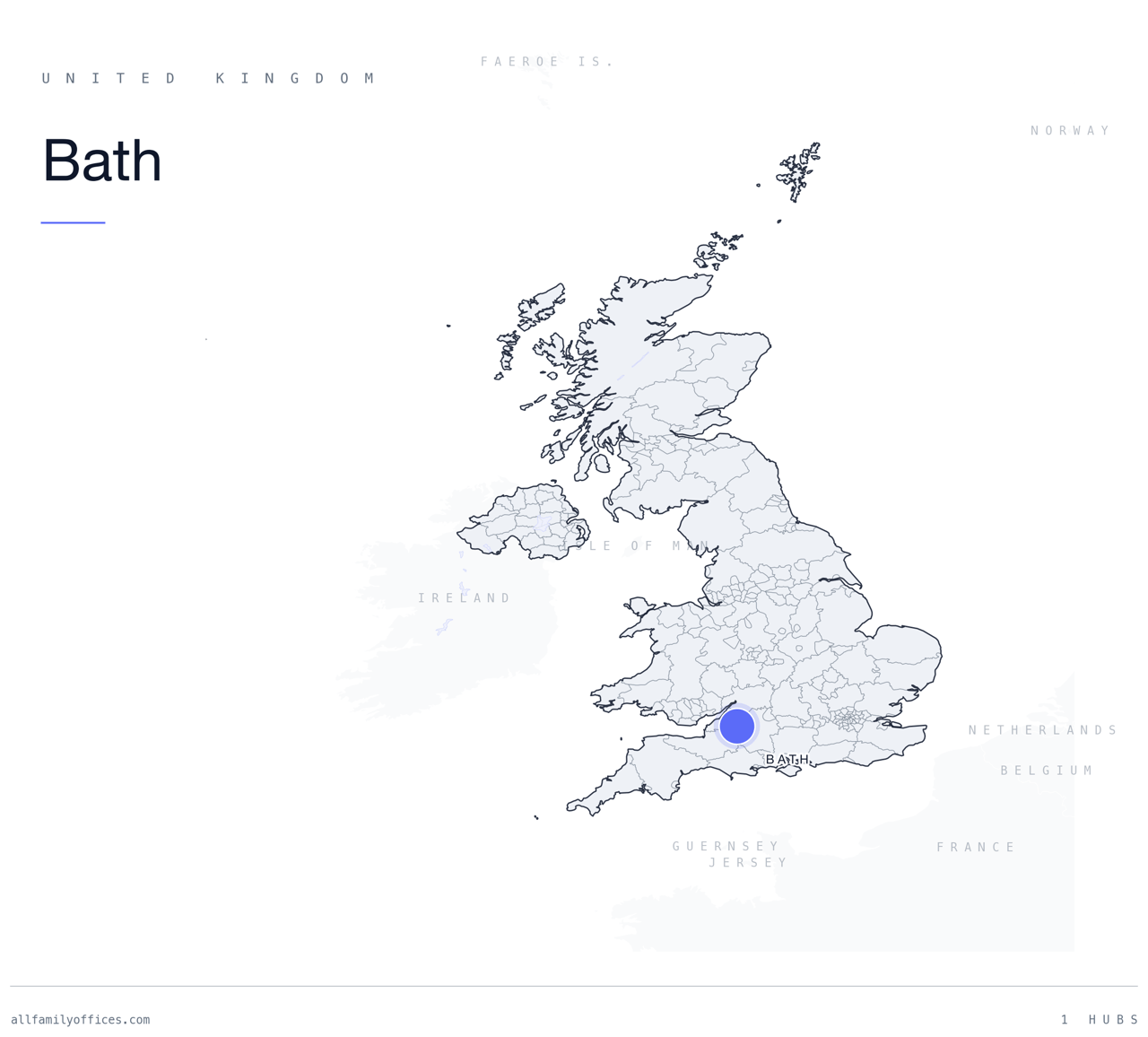 Map of the United Kingdom with Bath marked as a family office hub