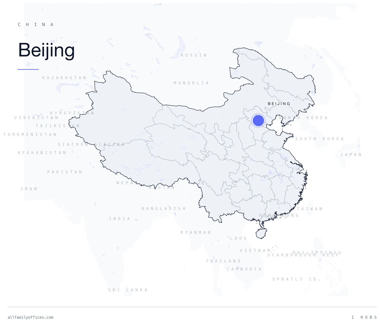 Map of China with Beijing marked as a family office hub