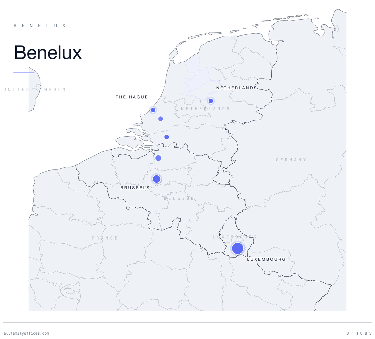 Map of Benelux with its family office hubs marked