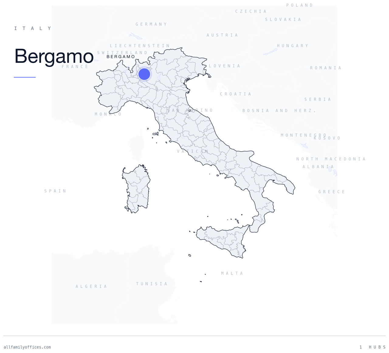 Map of Italy with Bergamo marked as a family office hub