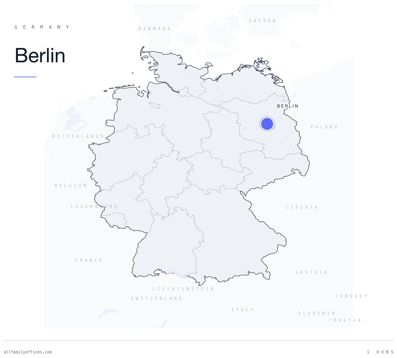 Map of Germany with Berlin marked as a family office hub