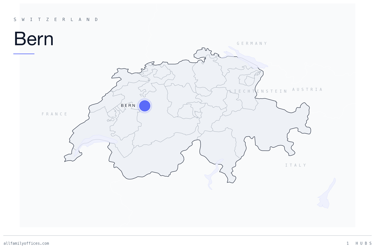 Map of Switzerland with Bern marked as a family office hub