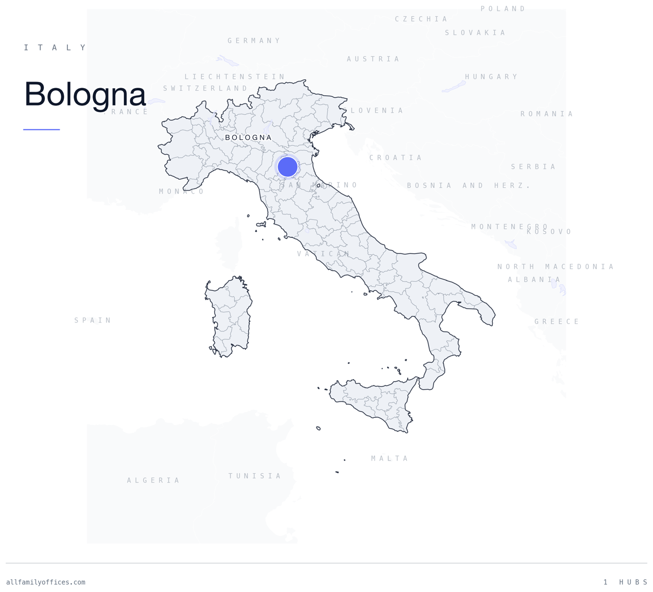 Map of Italy with Bologna marked as a family office hub