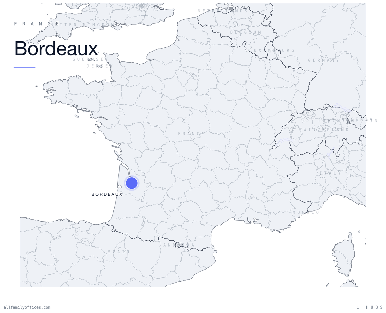 Map of France with Bordeaux marked as a family office hub