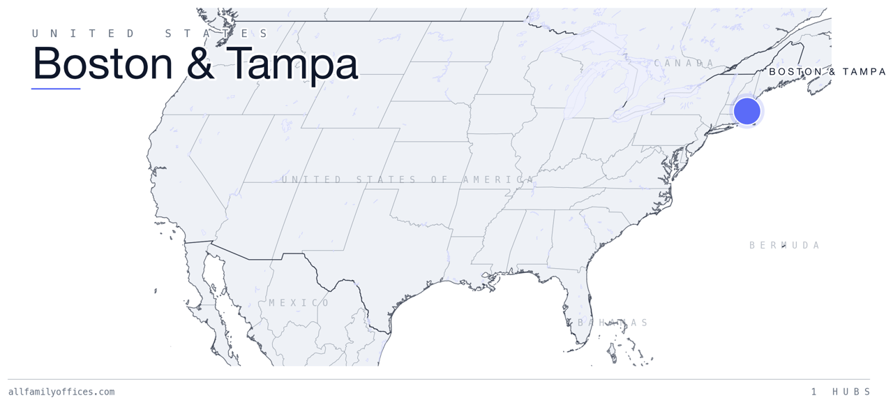 Map of the United States with Boston & Tampa marked as a family office hub