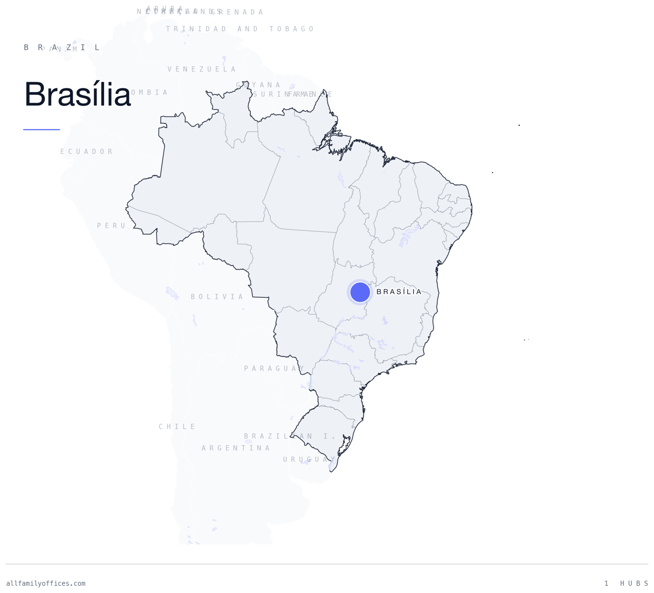 Map of Brazil with Brasília marked as a family office hub