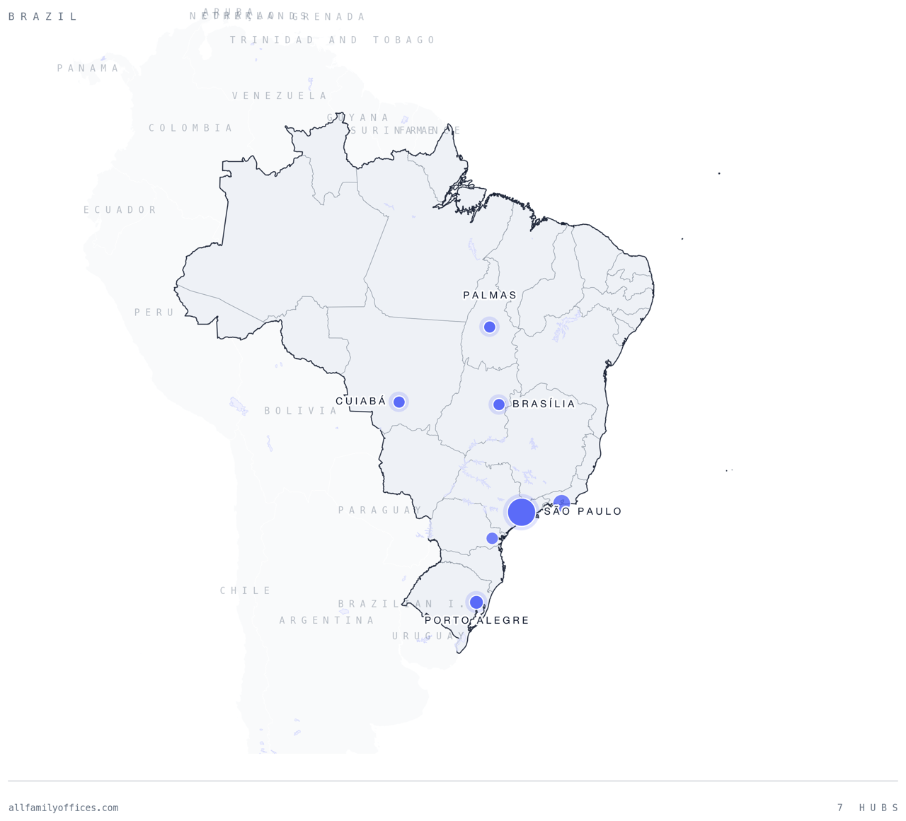 Map of Brazil with its family office hubs marked