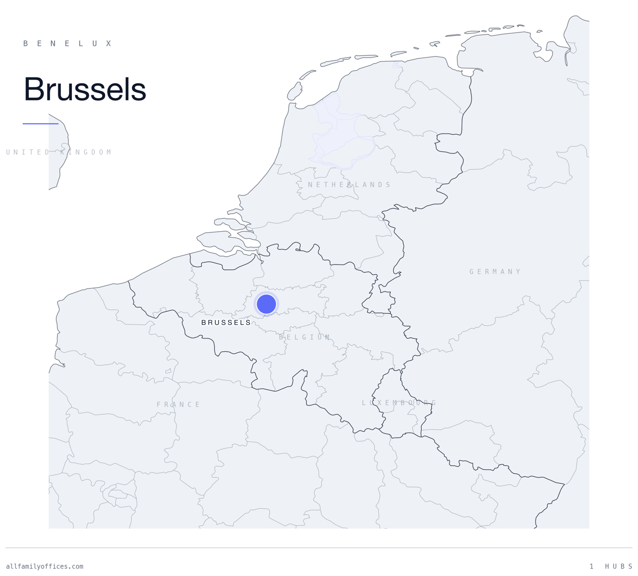 Map of Benelux with Brussels marked as a family office hub