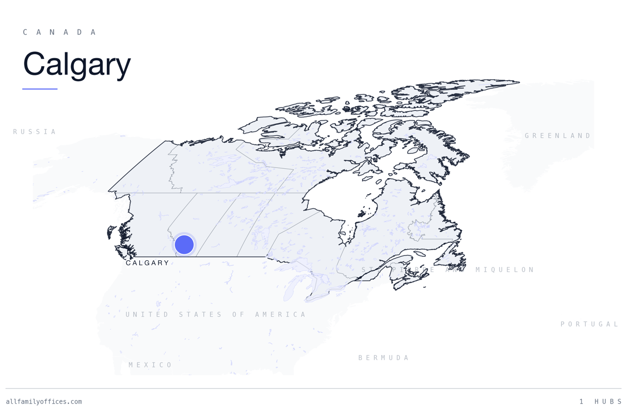 Map of Canada with Calgary marked as a family office hub