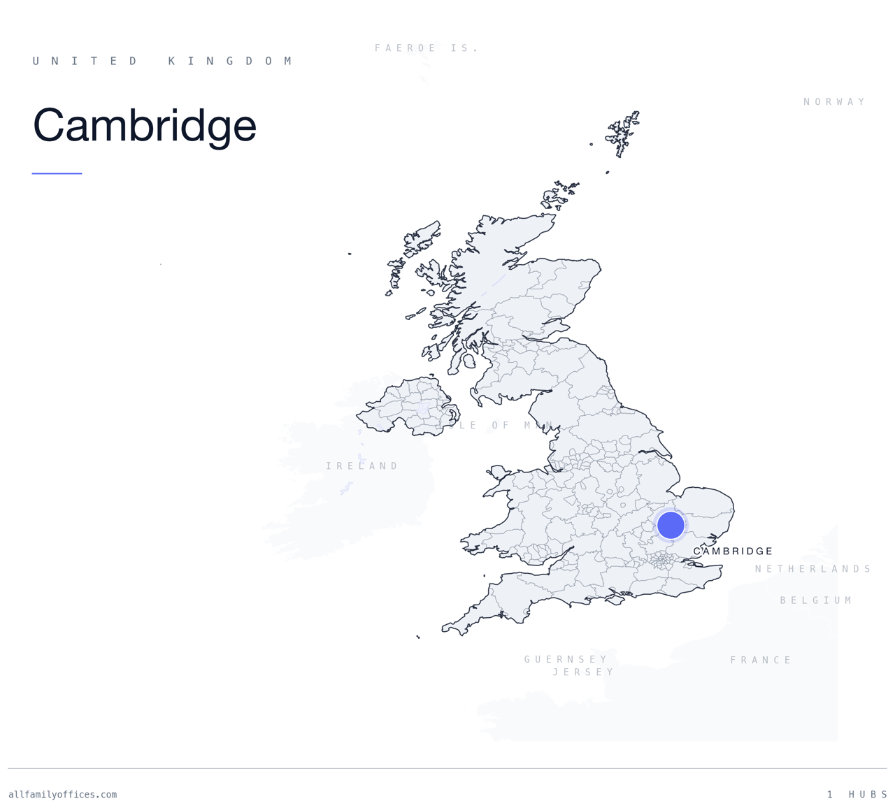 Map of the United Kingdom with Cambridge marked as a family office hub