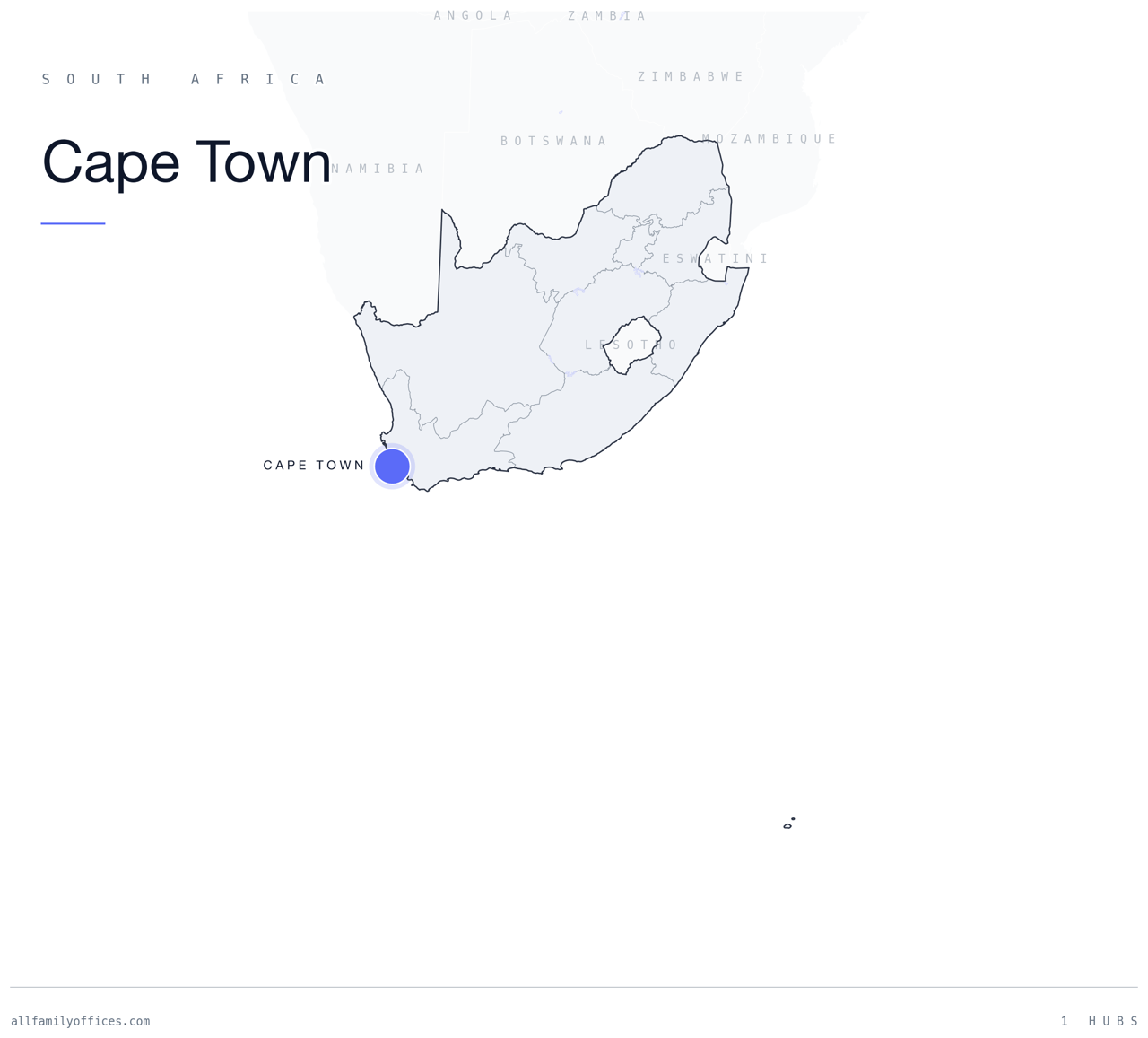 Map of South Africa with Cape Town marked as a family office hub