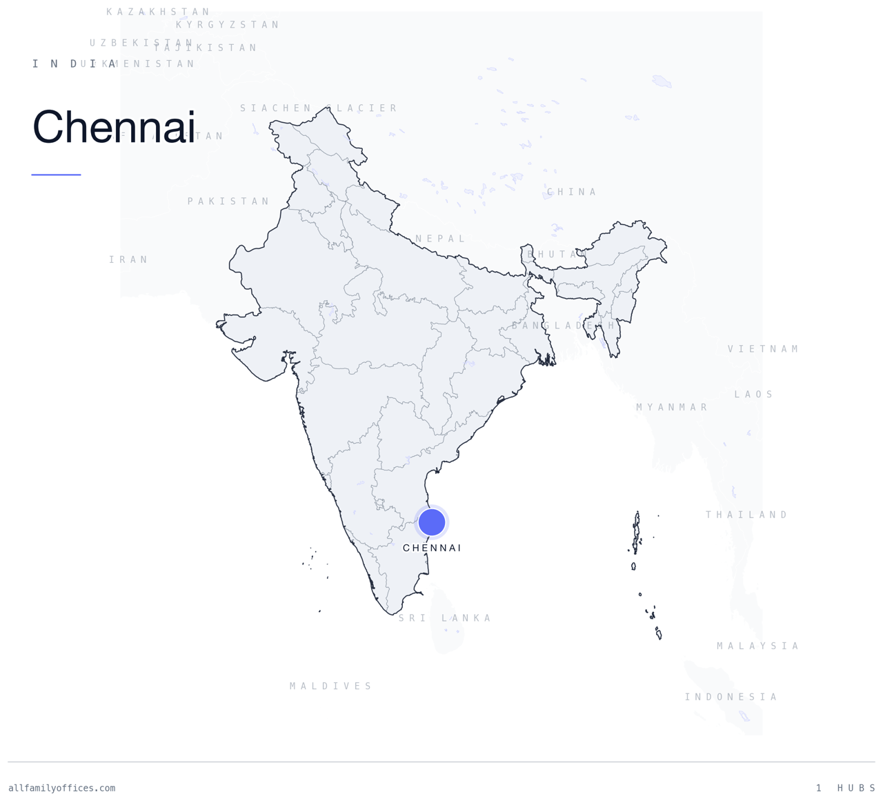 Map of India with Chennai marked as a family office hub