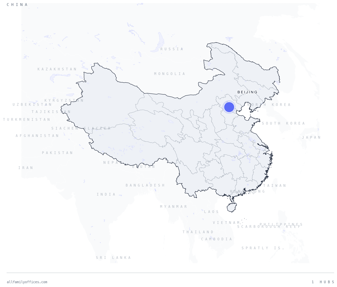 Map of China with its family office hubs marked