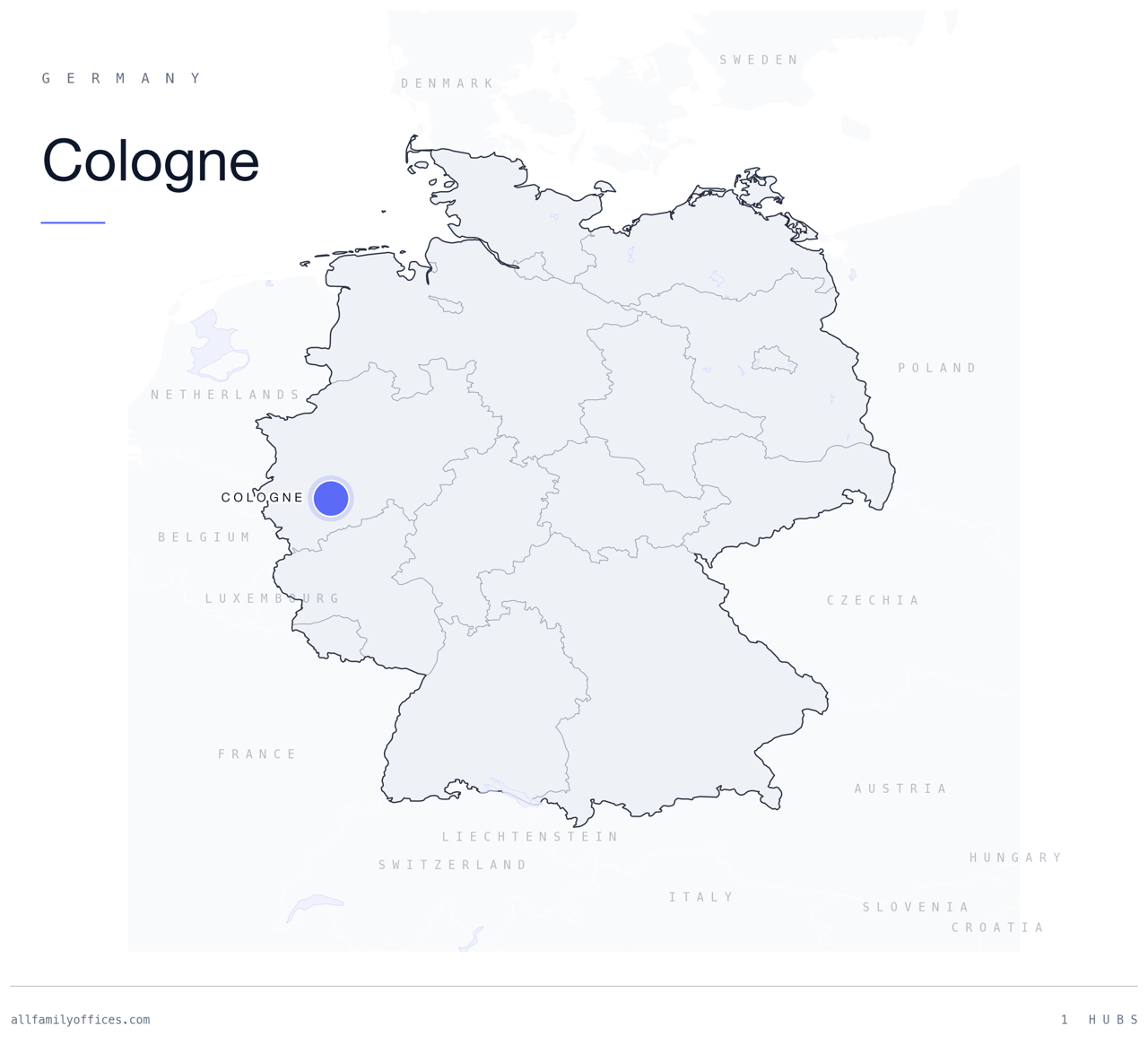 Map of Germany with Cologne marked as a family office hub