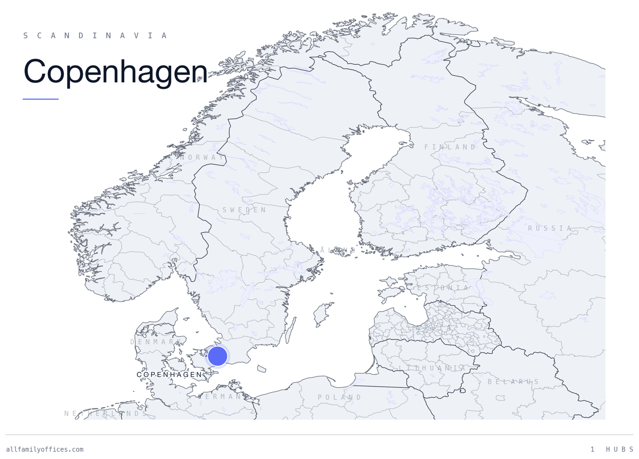 Map of Scandinavia with Copenhagen marked as a family office hub