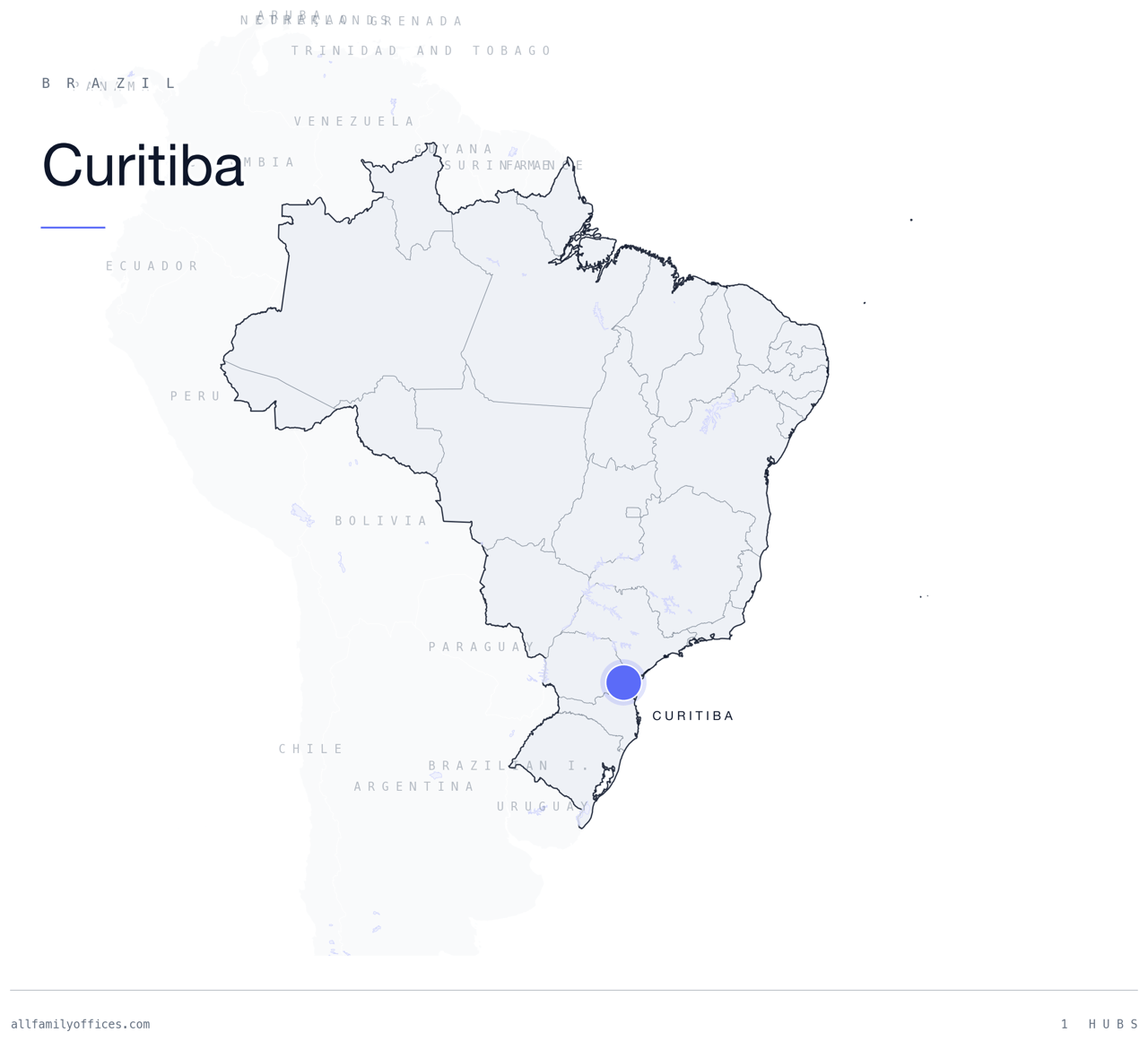 Map of Brazil with Curitiba marked as a family office hub