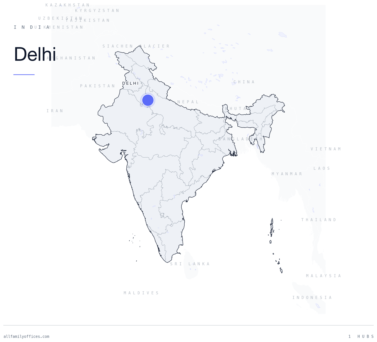 Map of India with Delhi marked as a family office hub