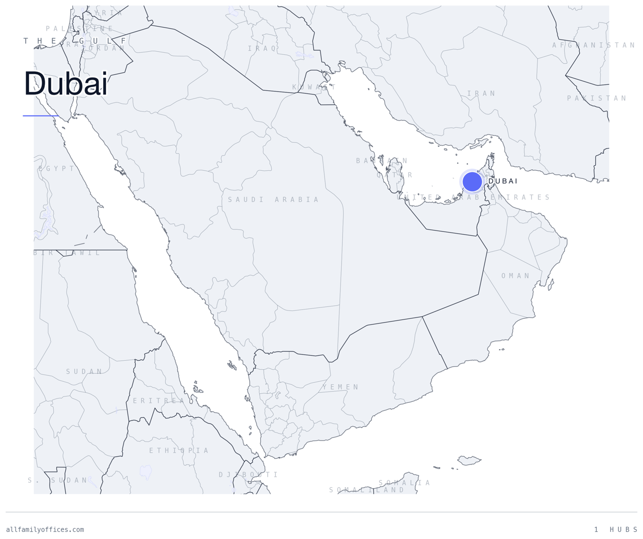 Map of the Gulf with Dubai marked as a family office hub