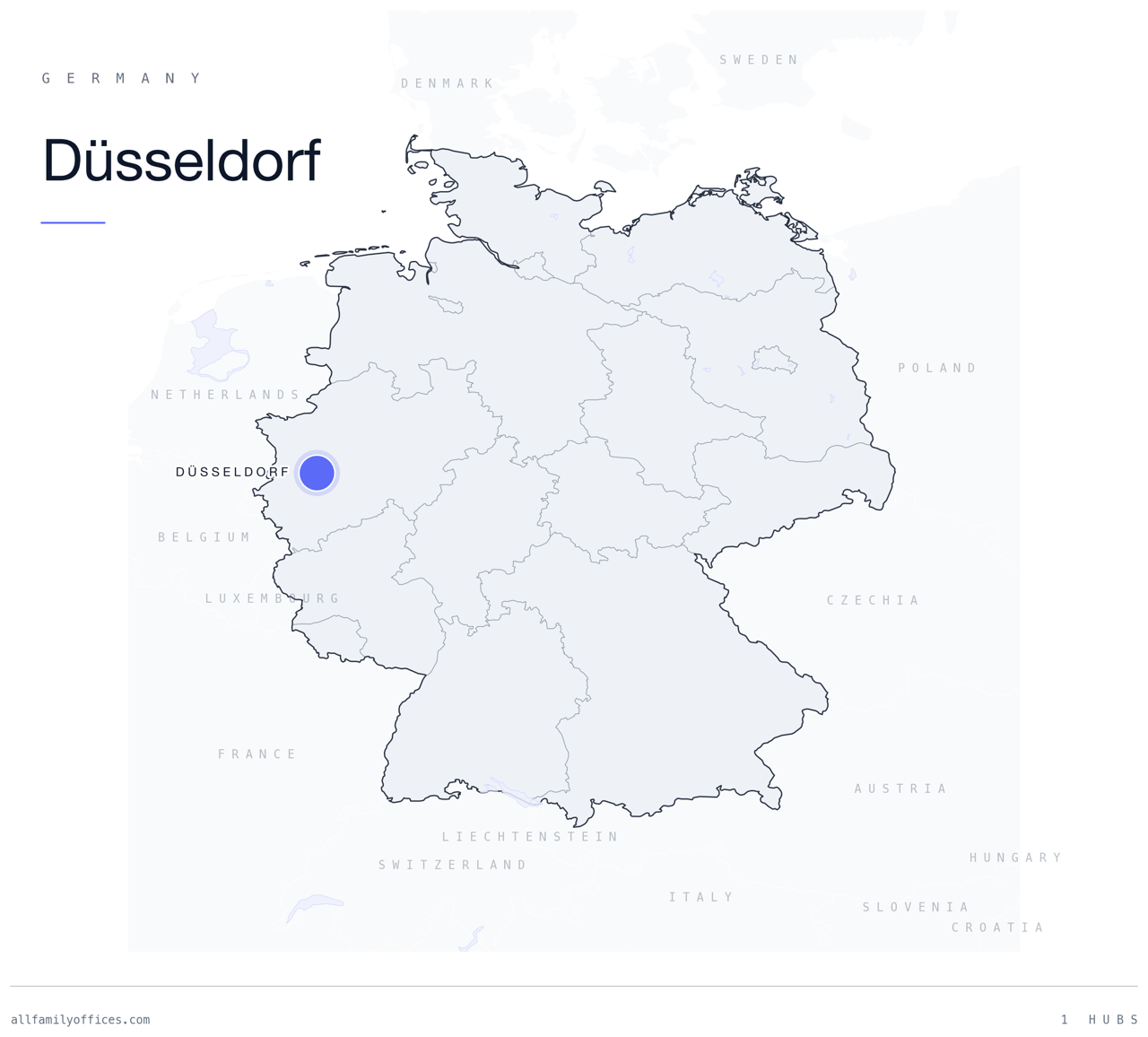 Map of Germany with Düsseldorf marked as a family office hub