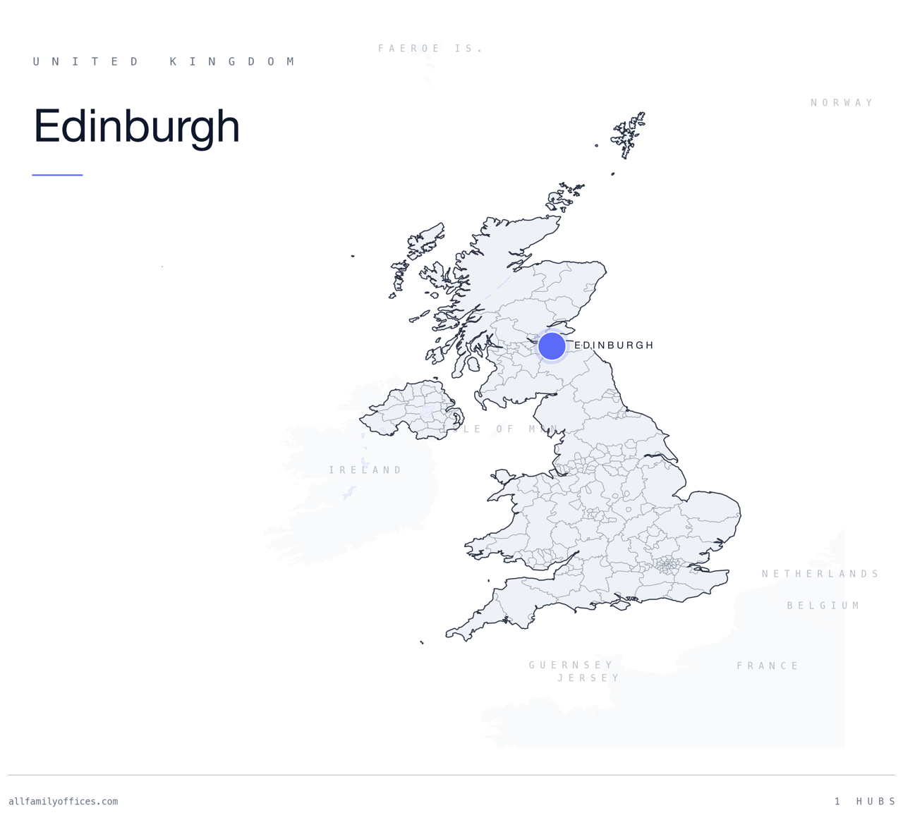 Map of the United Kingdom with Edinburgh marked as a family office hub
