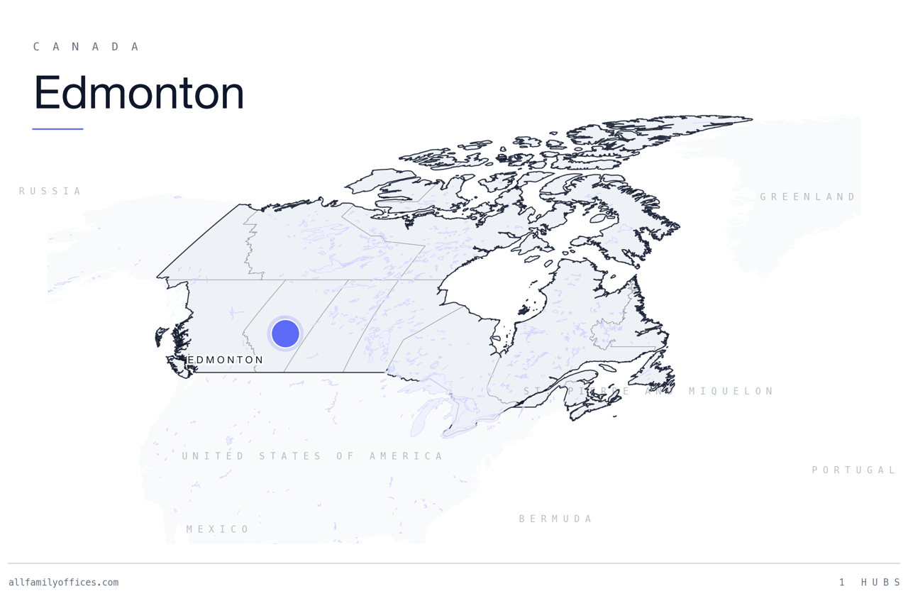 Map of Canada with Edmonton marked as a family office hub