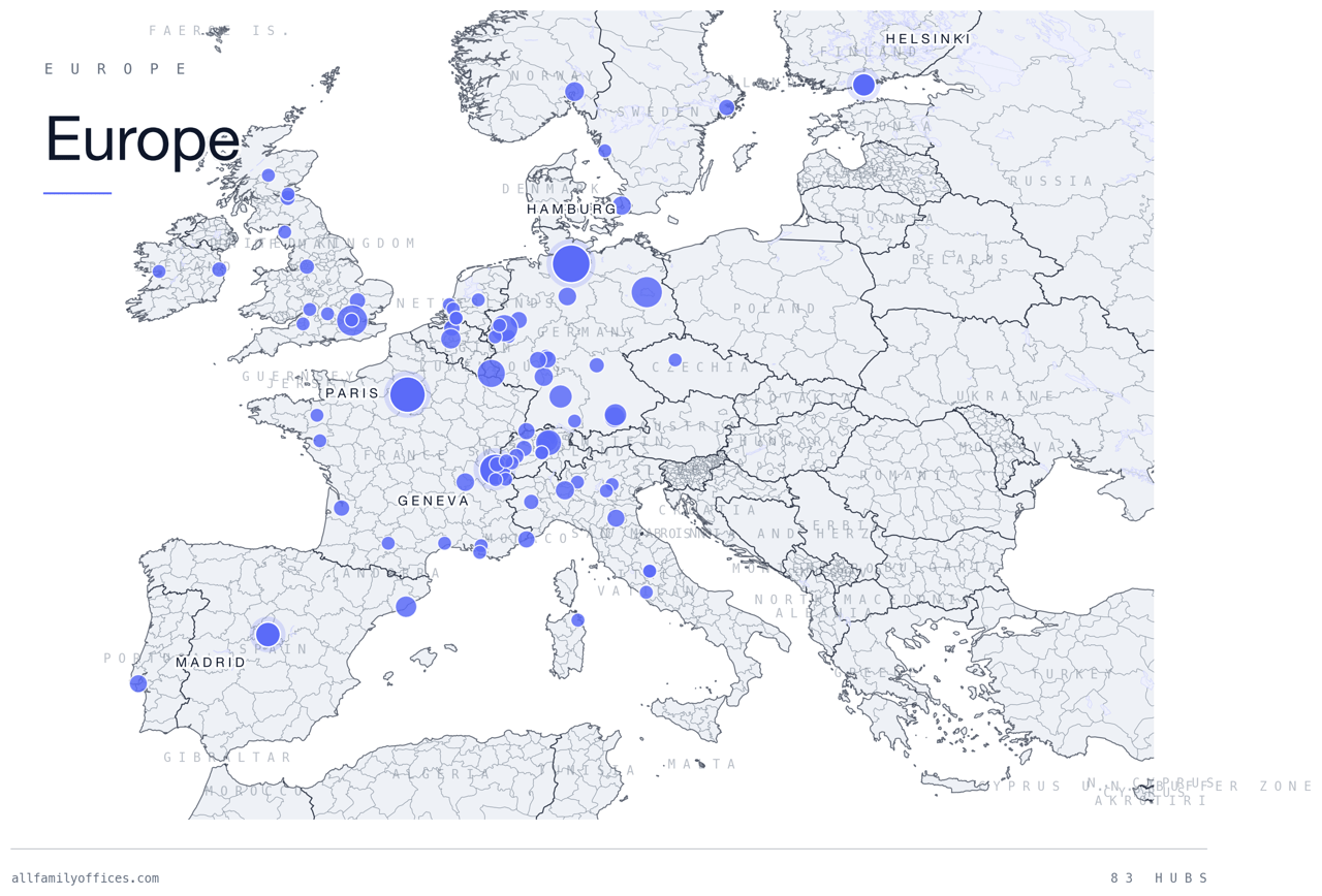 Map of Europe with its family office hubs marked