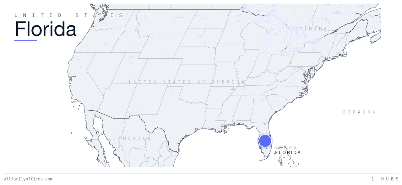 Map of the United States with Florida marked as a family office hub
