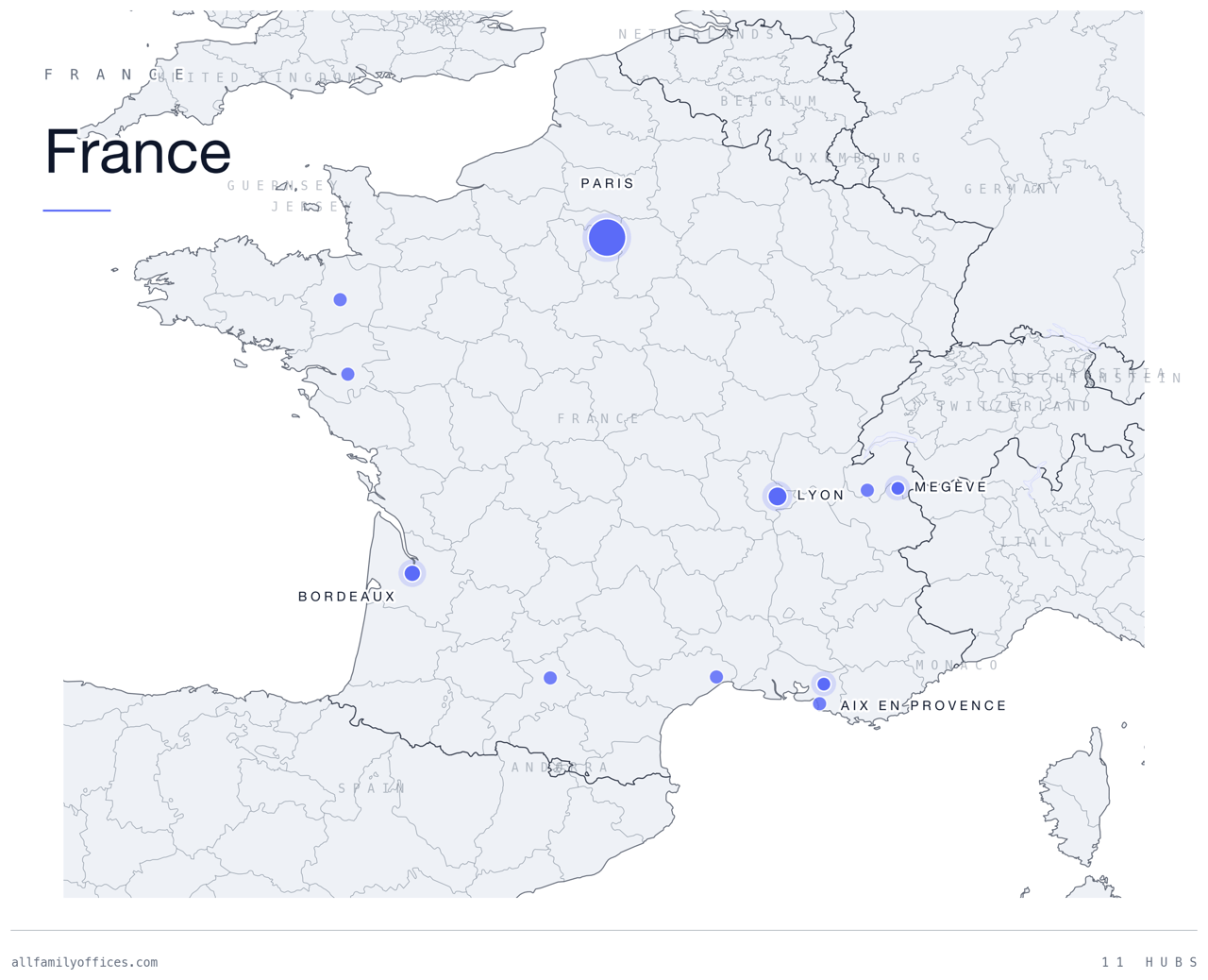 Map of France with its family office hubs marked