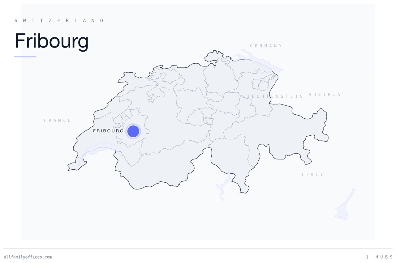 Map of Switzerland with Fribourg marked as a family office hub
