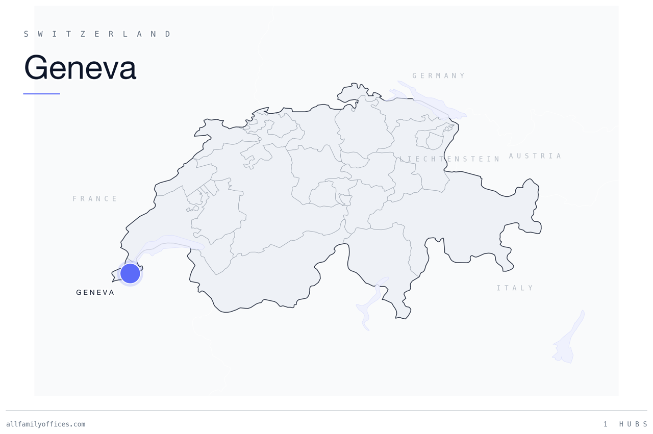 Map of Switzerland with Geneva marked as a family office hub