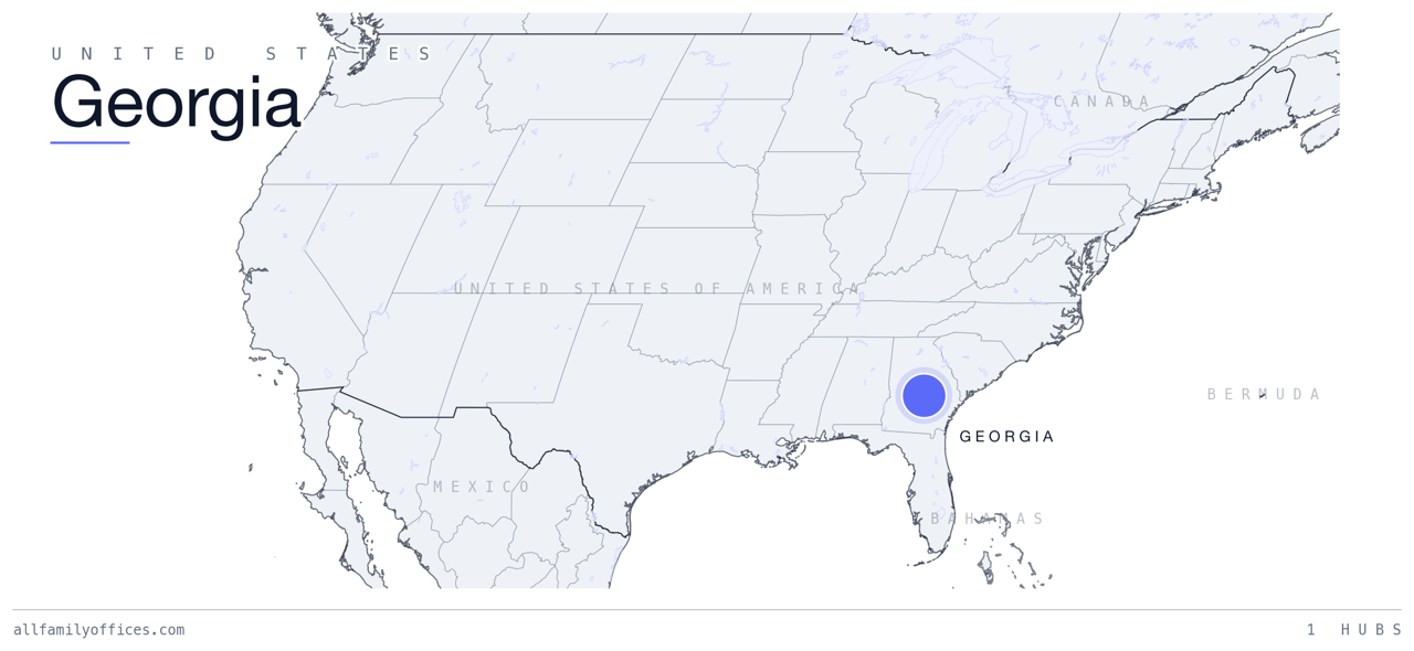 Map of the United States with Georgia marked as a family office hub