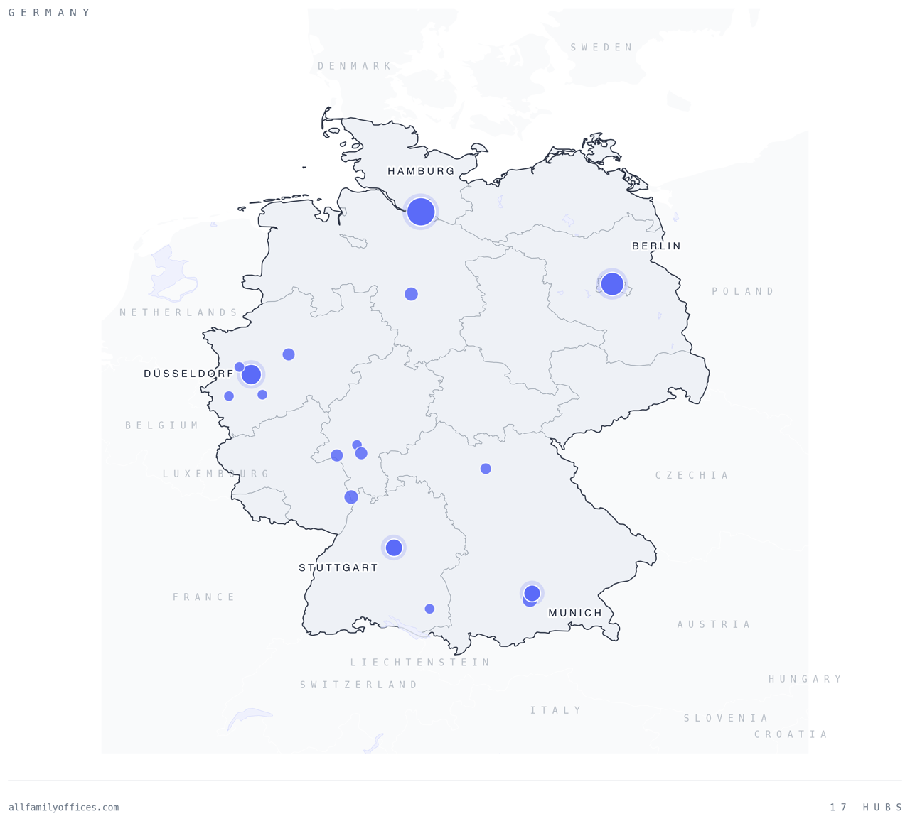 Map of Germany with its family office hubs marked