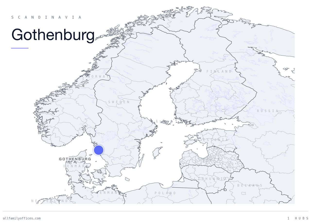 Map of Scandinavia with Gothenburg marked as a family office hub