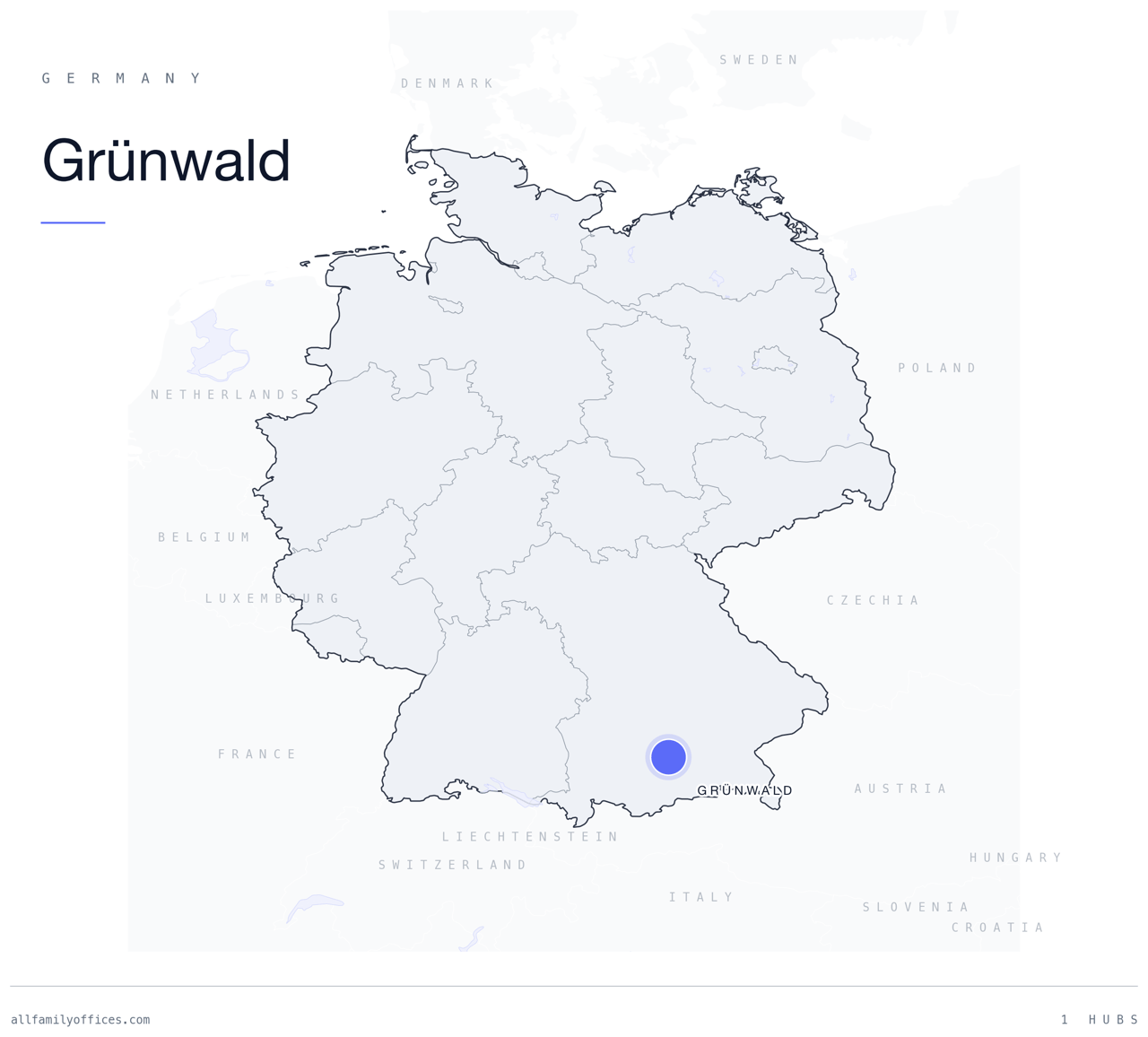 Map of Germany with Grünwald marked as a family office hub
