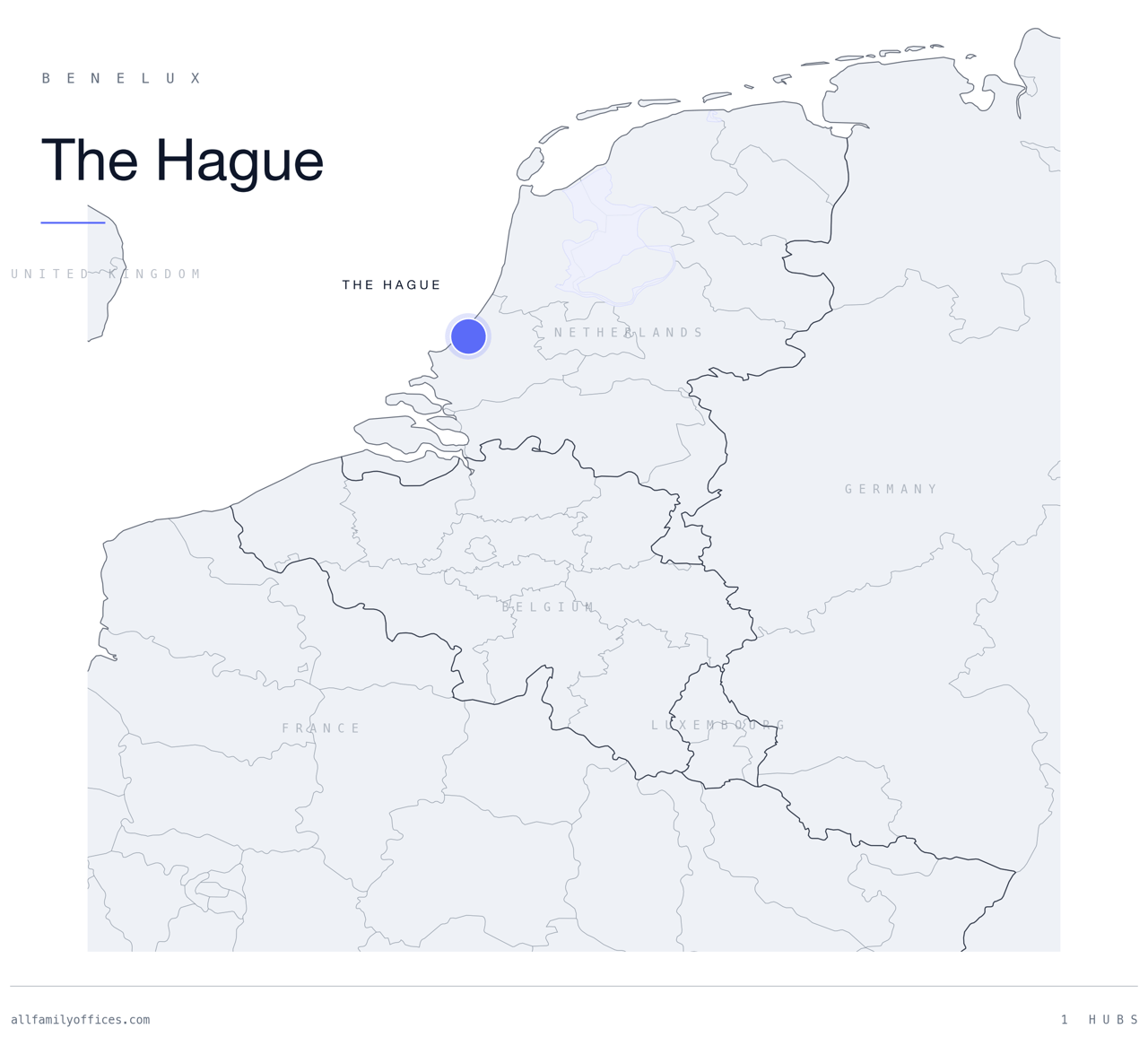 Map of Benelux with The Hague marked as a family office hub