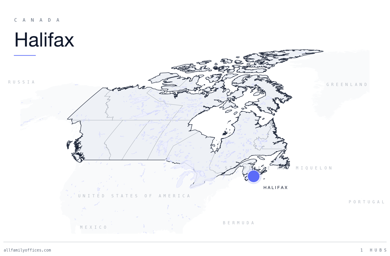 Map of Canada with Halifax marked as a family office hub