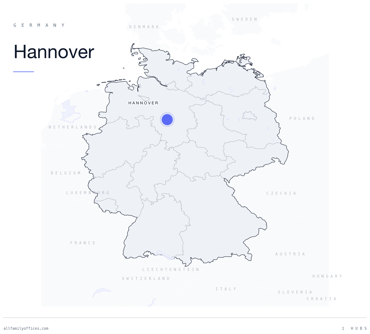 Map of Germany with Hannover marked as a family office hub