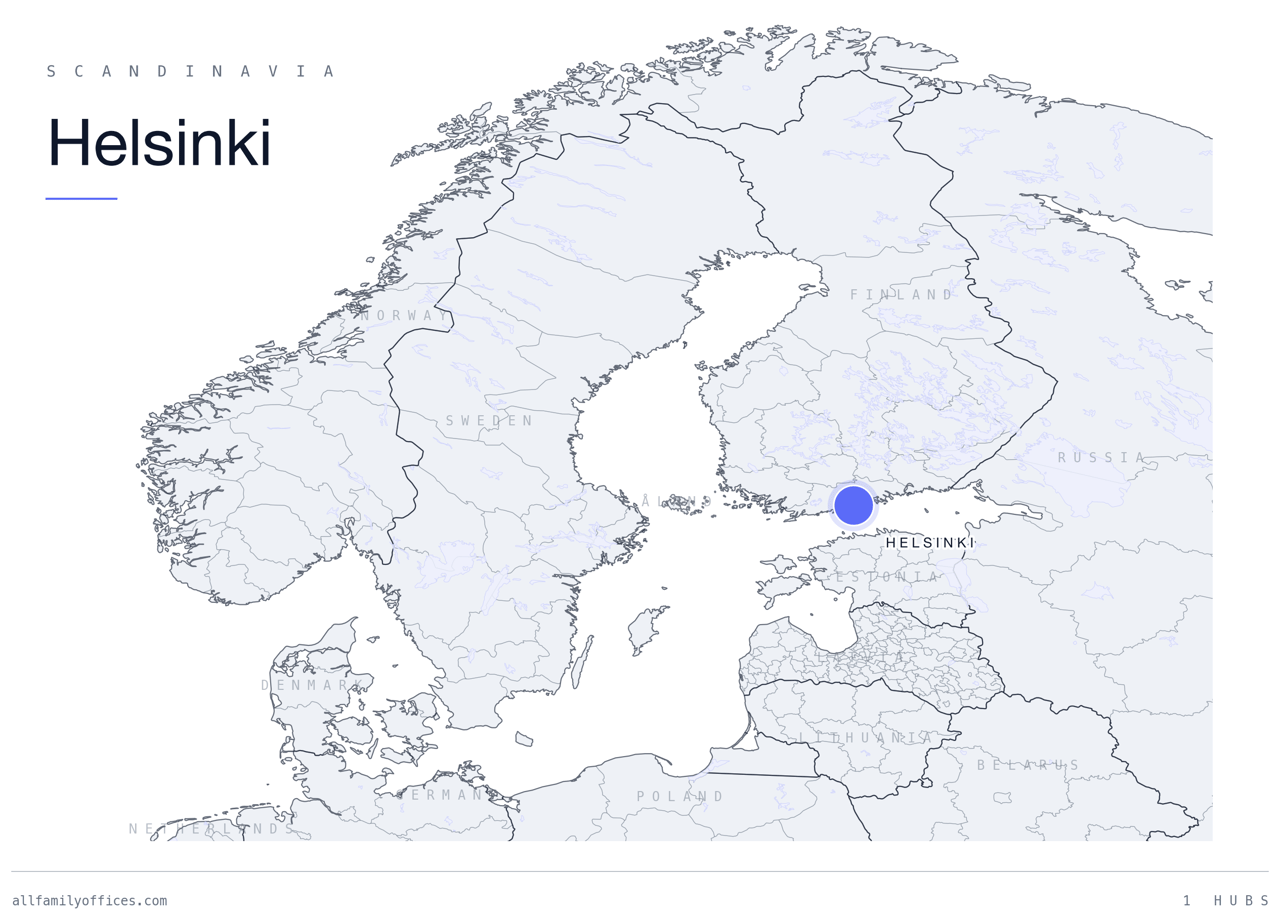 Map of Scandinavia with Helsinki marked as a family office hub