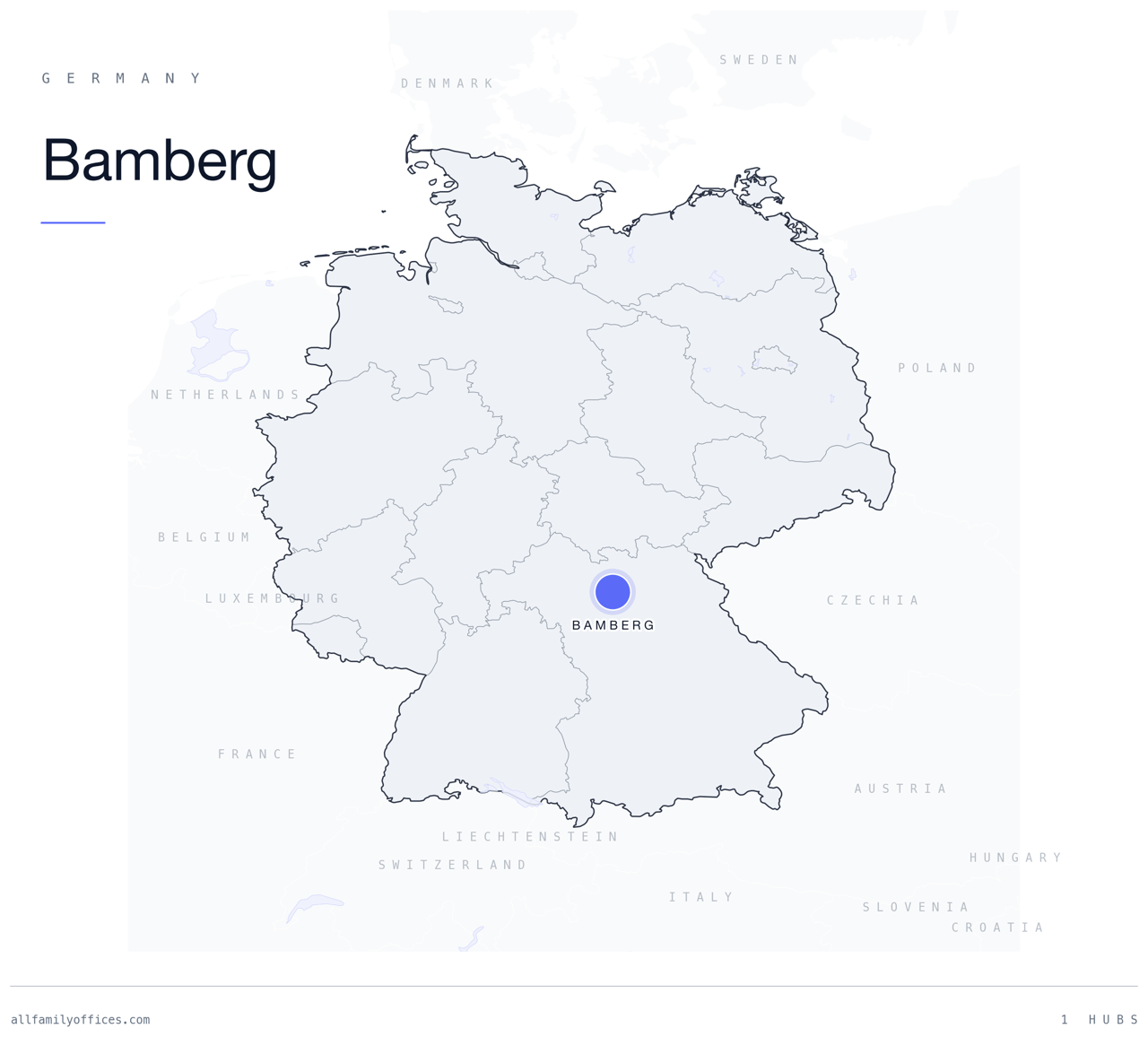 Map of Germany with Bamberg marked as a family office hub