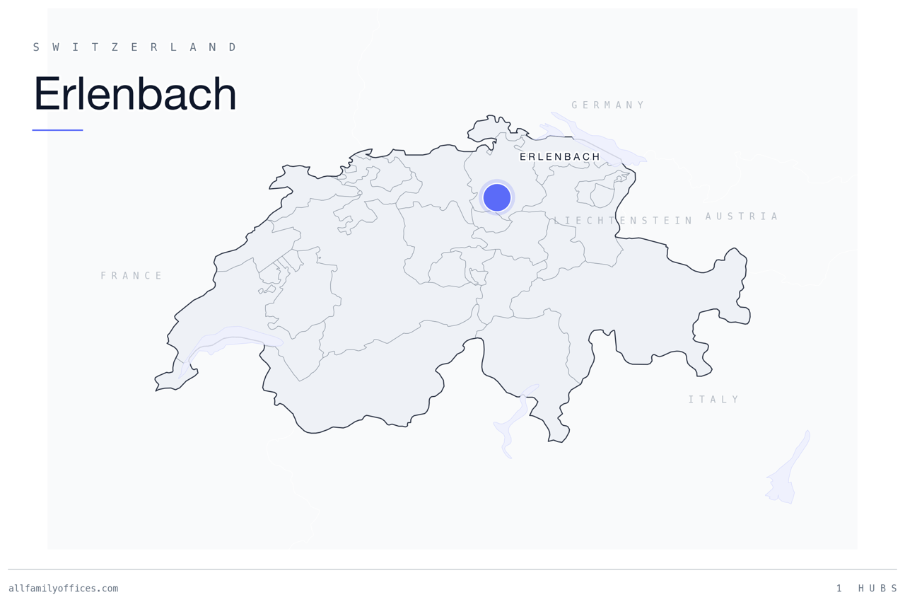 Map of Switzerland with Erlenbach marked as a family office hub