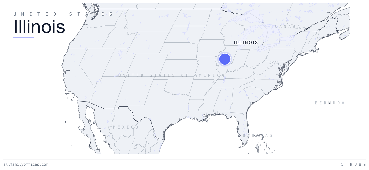 Map of the United States with Illinois marked as a family office hub