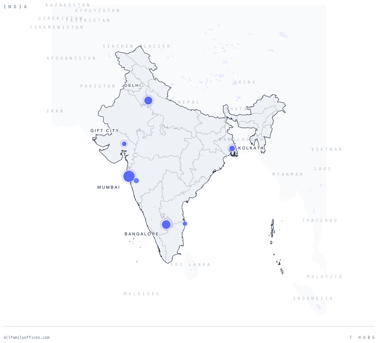 Map of India with its family office hubs marked